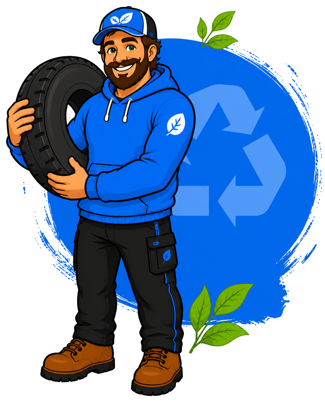 Junk Huggers mascot holding a tire beside a recycle mark